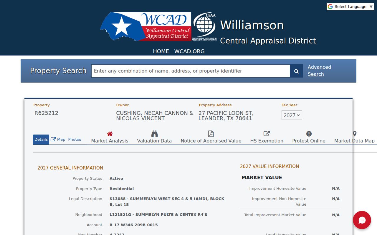 Leander ZIP directory WCAD parcel card context